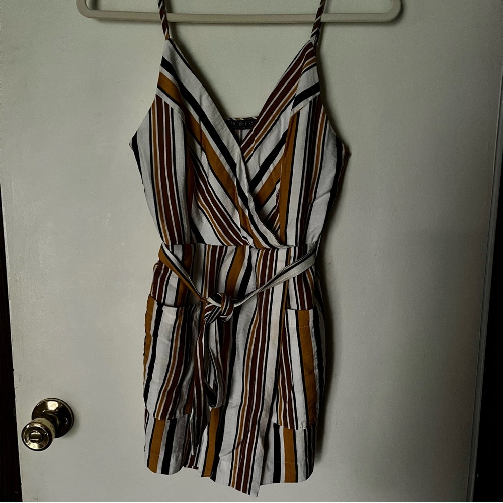 Shop Priceless Romper Striped Size Small Colored Womens Tie Front Pockets V Neck